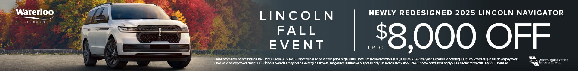 A newly redesigned silver 2025 Lincoln Navigator parked with vivid autumn trees in the background. Text highlights 